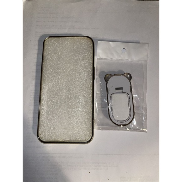 iPhone 13 Cream Colored Plastic Snap On Case With Gold Trim And Kickstand - Picture 3 of 3